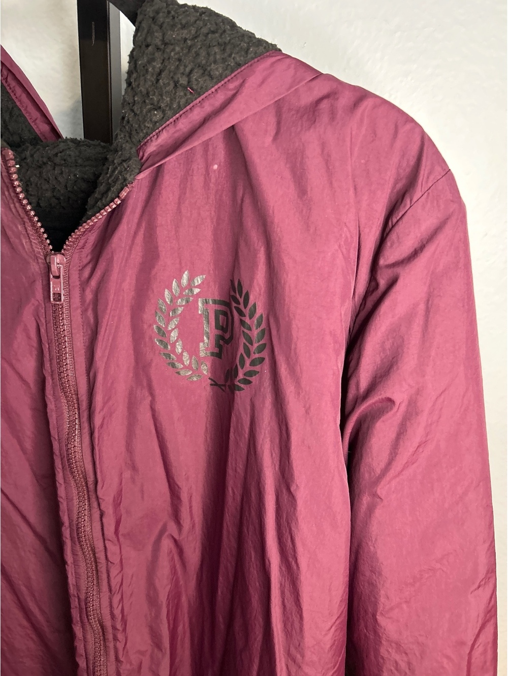 PINK Victoria's Secret Maroon and Black Fleece Lined Jacket M/L